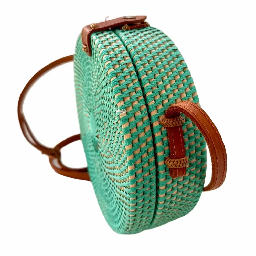 POPPY & SAGE Camilla Aqua Turquoise Woven Rattan Circle Crossbody Handmade NEW